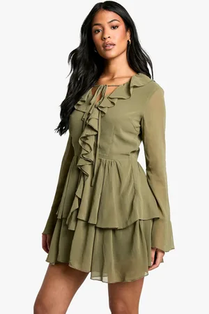 Boohoo Womens Tall Chiffon Ruffle Plunge Skater Dress - - Size 6 UK