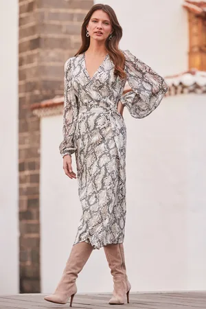 Sosandar Womens Snake Print Blouson Sleeve Wrap Midi Dress - - Size 12 UK
