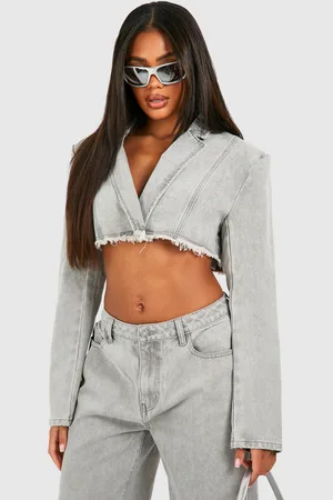 Boohoo Womens Fray Hem Cropped Denim Blazer - Cotton - Size 10 UK