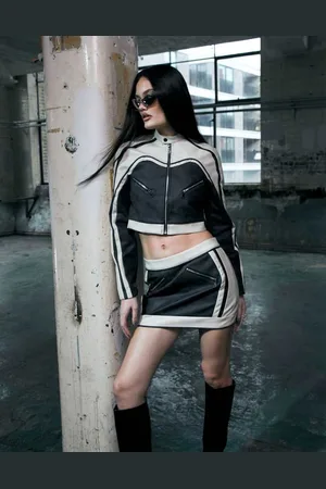Murci Womens leather look mini skirt co-ord in with cream trim - Size 8 UK
