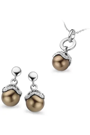 ORPHELIA Womens Ladies Embellished 925 Sterling Silver Set: Chain-Pendant + Earrings - and Brown - One Size