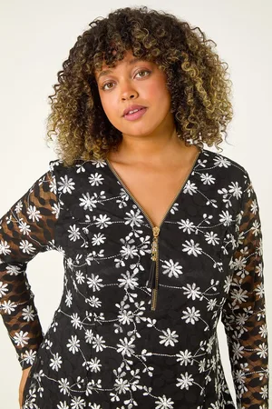 Roman Womens Curve Floral Print V-Neck Zip Front Top - - Size 20 UK