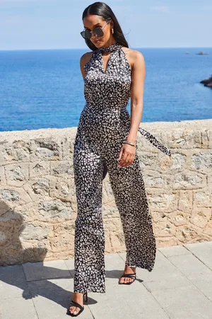 Sosandar Womens Natural Print Satin High Neck Keyhole Detail Jumpsuit - Size 18 Regular
