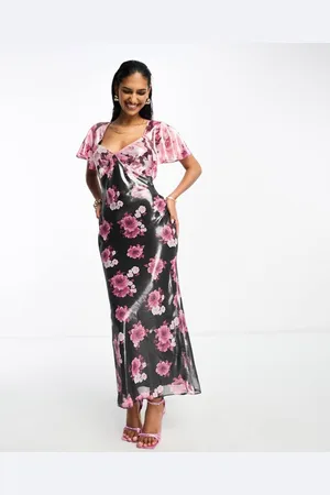 ASOS Womens flutter sleeve tie back midi tea dress in mixed metallic floral-Multi - - Size 8 UK