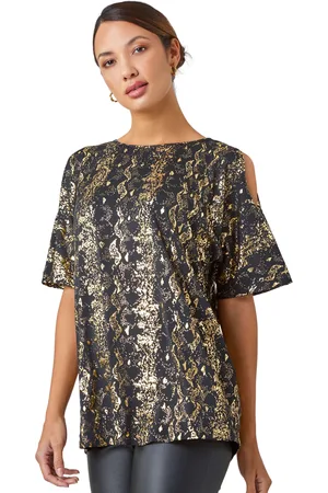 Roman Womens Metallic Print Cold Shoulder Stretch Top - - Size 12 UK