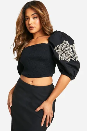 Boohoo Womens Petite Embroidery Puff Sleeve Crop Top - - Size 6 UK