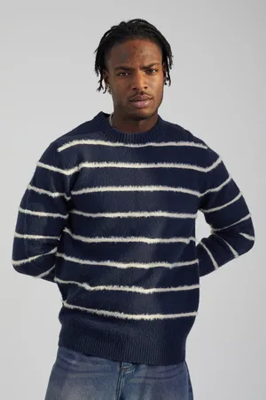 Brave Soul Mens High Crew Neck Striped Knit Jumper - Size Large
