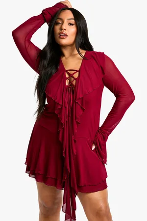Boohoo Womens Plus Mesh Ruffle Lace Up Skater Dress - - Size 16 UK