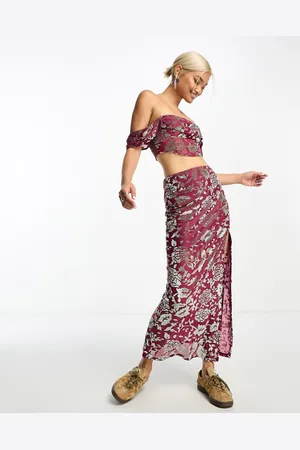 Sisters of the Tribe Womens velvet devore maxi split skirt co-ord in rose and silver- - Size 10 UK