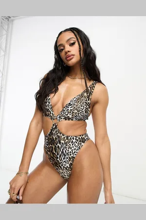 South Beach Womens cut out ring detail swimsuit in leopard print-Multi - - Size 14 UK