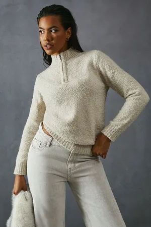 MissPap Womens Knitted Boucle Zip Up Neck Oversized Jumper - - Size X-Small/Small