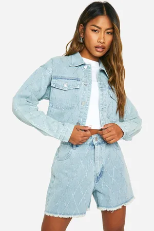 Boohoo Womens Diamante Hot Fix Fray Hem Long Denim Shorts - Cotton - Size 6 UK