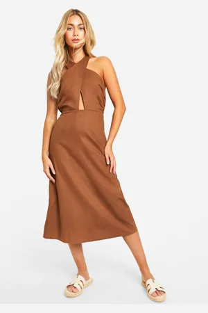Boohoo Womens Linen Look Cross Over Midi Dress - - Size 14 UK
