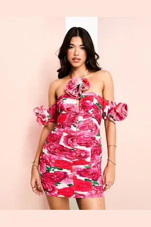 ASOS Womens halter ruched mini dress with corset bodice & corsage detail in rose print- - Size 18 UK