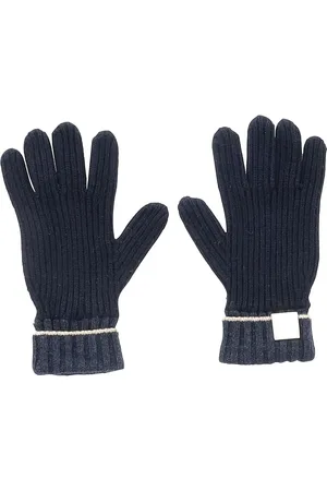 Loewe Pre-owned Womens Leather-Trimmed Ribbed Gloves in Navy Blue Wool - One Size