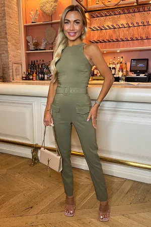 Ax Paris Womens Belted High Neck Cargo Jumpsuit - Size 14 UK