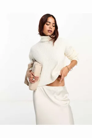 ASOS Womens boxy jumper in rib with roll neck in -White - Size Large