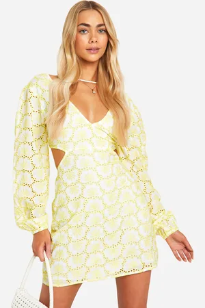 Boohoo Womens Broderie Tie Back Balloon Sleeve Mini Dress - Cotton - Size 16 UK