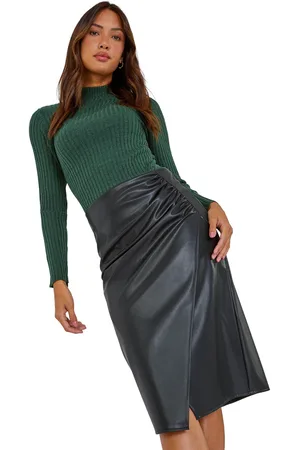 Roman Womens Faux Leather Ruched Wrap Skirt - - Size 22 UK