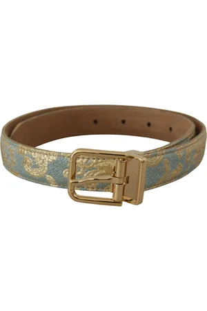 Dolce & Gabbana WoMens Blue Leather Jacquard Embossed Gold Metal Buckle Belt - Canvas (archived) - Size 65 cm