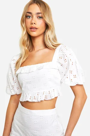 Boohoo Womens Ruffle Milkmaid Contrast Stitch Broderie Top - Cotton - Size 14 UK