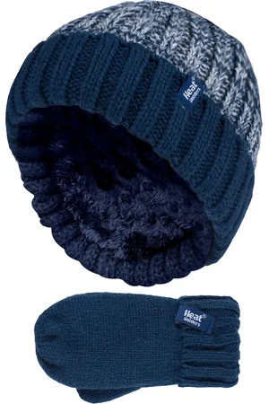 Heat Holders Kids Boys Winter Knitted Thermal Fleece Lined Cuffed Beanie Hat and Mittens Set - NTO2P6 - - Size 4-6Y