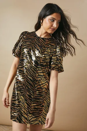 Oasis Womens Petite Occasion Animal Sequin Puff Sleeve Mini Dress - - Size 10 UK