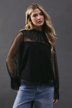 warehouse Womens Dobby Tulle Lace Frill Neck Blouse - - Size 8 UK