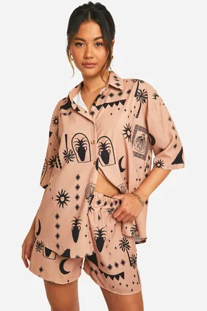 Boohoo Womens Hammered Tonal Boho Print Oversized Shirt & Shorts Set - - Size 10 UK
