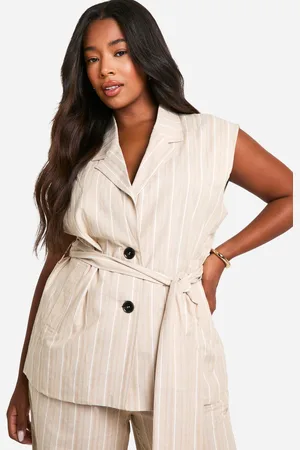 Boohoo Womens Plus Stripe Linen Look Sleeveless Tie Waist Blazer - - Size 28 UK