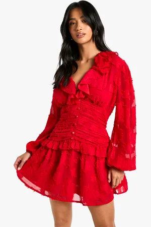 Boohoo Womens Petite Floral Burnout Ruffle Plunge Ruched Skater Dress - - Size 6 UK