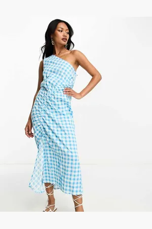 ASOS Womens seersucker one shoulder midi dress with ruched detail in gingham-Multi - Size 14 UK