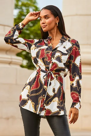 Sosandar Womens Black Multi Print Satin Utility Tie Waist Shirt - - Size 10 UK