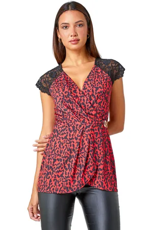 Roman Womens Animal Lace Trim Stretch V-Neck Wrap Top - - Size 18 UK