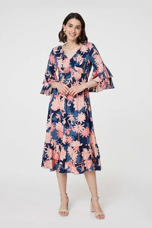 Izabel London Womens Navy Floral 3/4 Sleeve Ruffled Midi Dress - - Size 8 UK