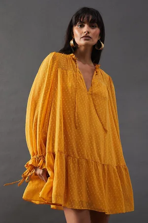 warehouse Womens Dobby Chiffon Tie Neck Drop Hem Mini Smock Dress - - Size 16 UK