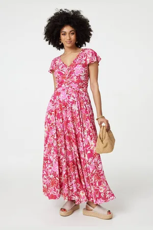 Izabel London Womens Floral Ruched V-Neck Maxi Dress - Size 8 UK