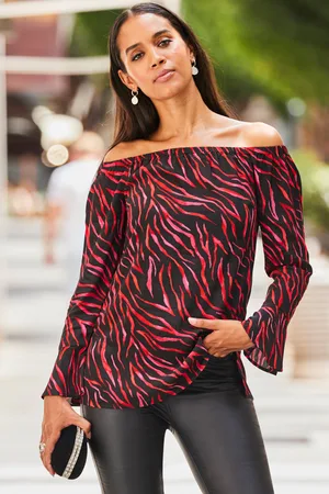 Sosandar Womens Black & Animal Print Fluted Sleeve Bardot Top Viscose - Size 10 UK