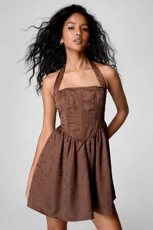 NASTY GAL Womens Satin Floral Jacquard Halter Neck Boned Corset Mini Dress - - Size 6 UK