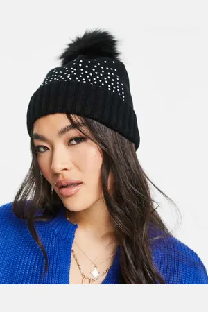 ASOS Womens beanie with diamante detailing and faux fur pom in - One Size
