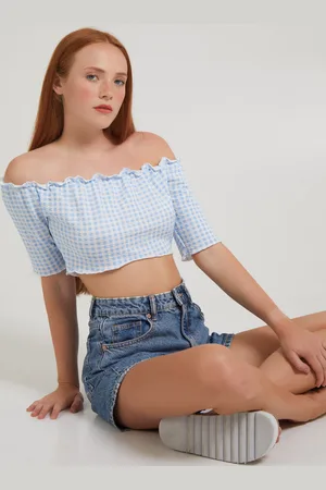Pink Vanilla Womens Frill Detail Gingham Bardot Top - - Size Medium