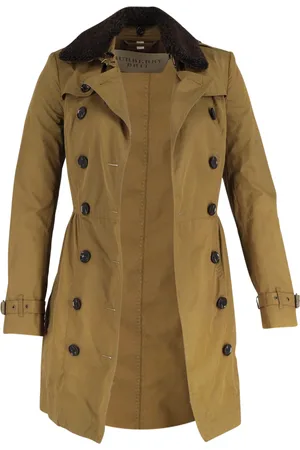 Burberry Pre-owned Womens Brit Long Shearling Collar Trench Coat in Olive Cotton - - Size 4 UK