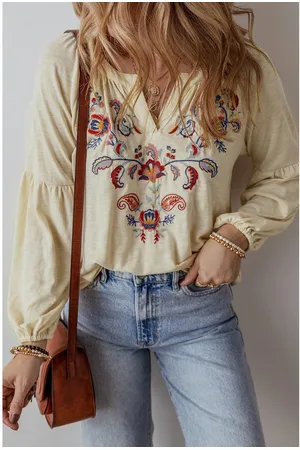 Azura Exchange Womens Apricot Paisley Floral Embroidered Notch V Neck Blouse - - Size X-Large