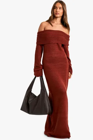Boohoo Womens Premium Oversized Rib Bardot Neckline Soft Knit Jumper Dress - - Size Medium