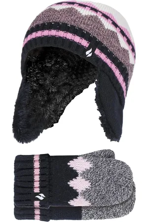 Heat Holders Girls Nordic Pattern Fairisle Design Trapper Hat with Pom Pom and Mittens Gloves Set - - Size 4-6Y