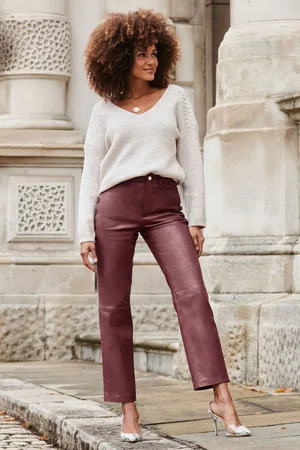 Sosandar Womens Wine Leather Straight Leg Trousers - - Size 18 Regular