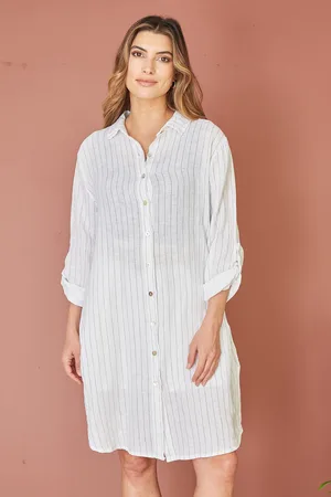 Yumi Womens Stripe Linen Relaxed Fit Longline Shirt - Size Small