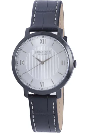 Johan Eric : koge, Mens, silver sunray dial watch, applied indexes w hydraulic stamping pattern ip coated stainless steel case & buckle, leather w crocodile top.... - One Size