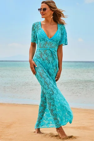 Sosandar Womens Turquoise Lace Maxi Beach Dress - - Size 6 UK
