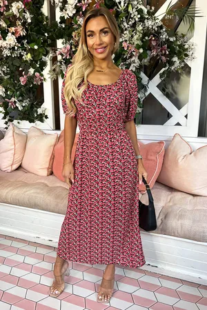 Ax Paris Womens Red Multi Floral Printed Puff Sleeve Midi Dress - - Size 10 UK
